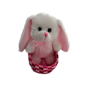 White & Pink Bunny Plush Toy In Checkerboard Basket Kids Preferred 2015 Easter